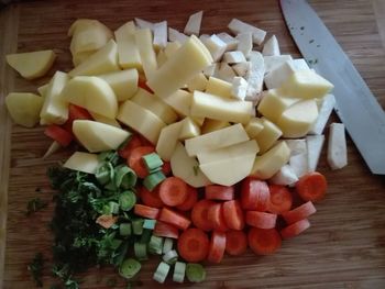 High angle view of chopped vegetables on table