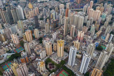 High angle view of modern buildings in city