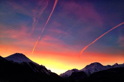 Scenic view of mountains against sky during sunset