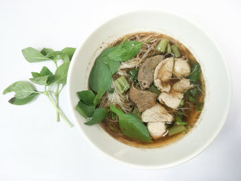 Directly above shot of soup in bowl on table