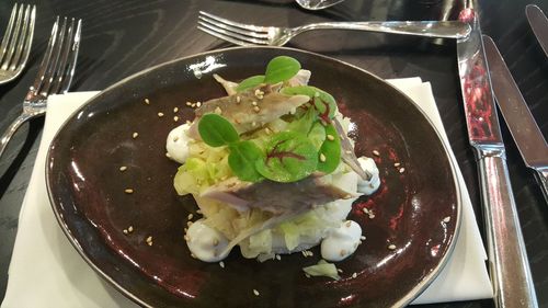 High angle view of salad in plate on table