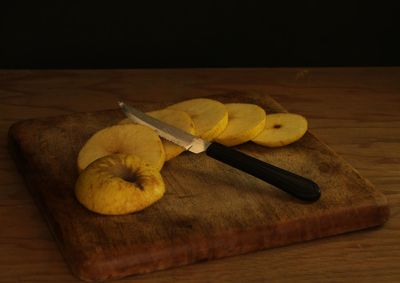 High angle view of banana on cutting board