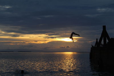 Silhouette bird flying over sea against sky