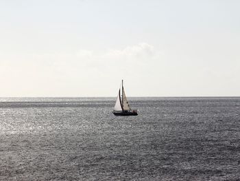 Sailboat sailing on sea against sky