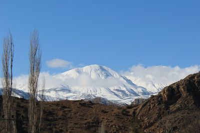 View of snowcapped mountains against blue sky