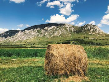 Hay bales on field against mountains