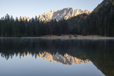 Reflection of trees in lake against clear sky