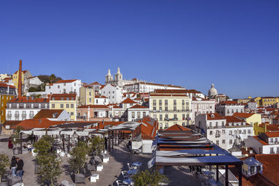 View of cityscape against clear blue sky