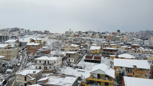 High angle view of buildings in city against sky