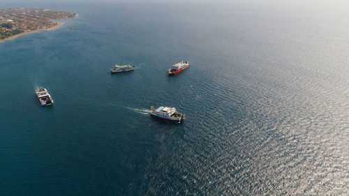 High angle view of boats on sea