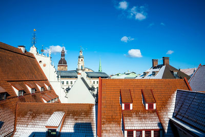 Beautiful aerial riga old town view. orange rooftops of the old town.