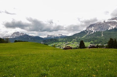 Scenic view of field and mountains against sky