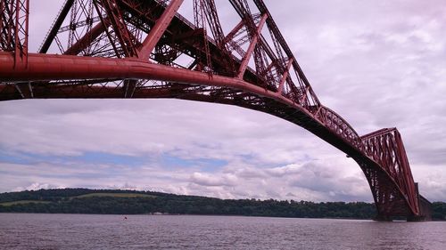 Low angle view of bridge over river against cloudy sky