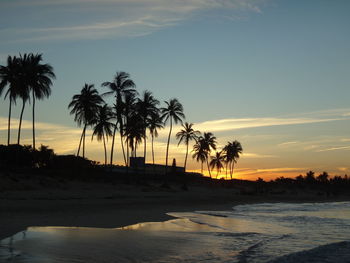 Silhouette palm trees on beach against sky at sunset