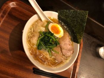 High angle view of soup in bowl