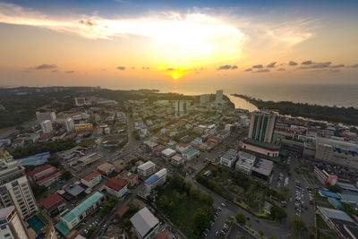 High angle view of townscape against sky during sunset