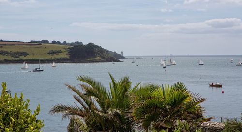 High angle view of boats sailing on sea