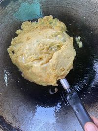 High angle view of ice cream in cooking pan