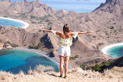 Rear view of woman standing on rock by sea