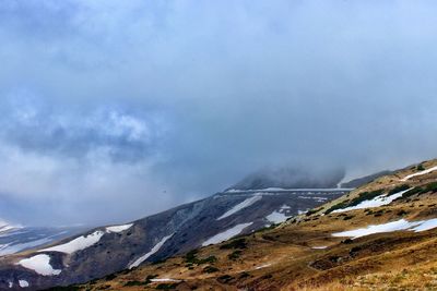 Scenic view of snowcapped mountains against sky