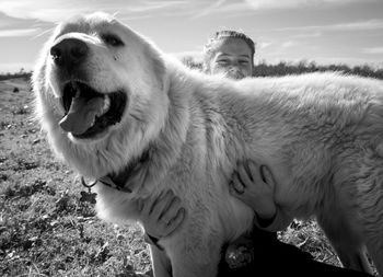 Close-up of young woman holding dog while standing on grass against sky