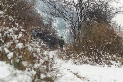 Rear view of person walking in snow
