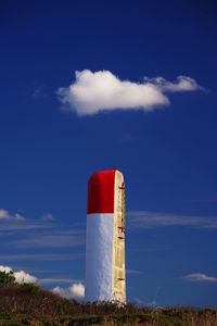 Lighthouse on field against sky