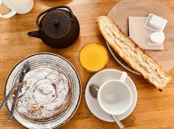 High angle view of breakfast served on table