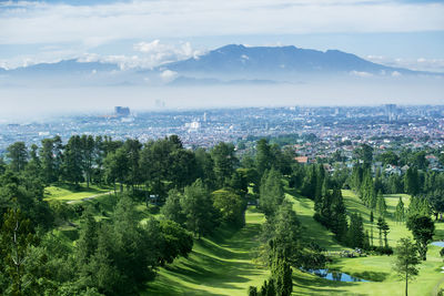 High angle view of trees and cityscape against sky