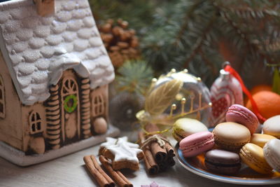 Close-up of christmas decorations on table