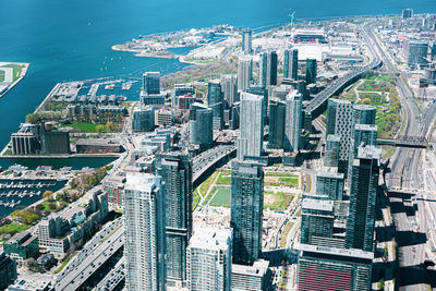 Aerial views of toronto downtown and harbor shot from the top of cn tower, canada.