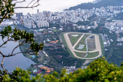 High angle view of buildings in city