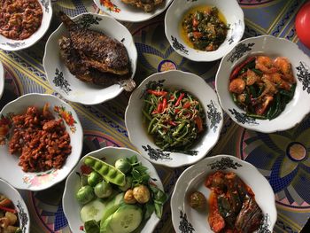 High angle view of meal served on table