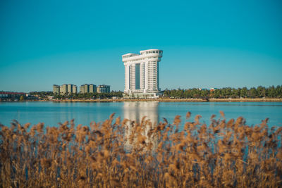 Scenic view of buildings against clear blue sky