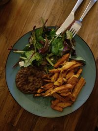 High angle view of food in plate on table