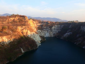 Scenic view of river amidst mountains against sky