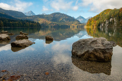 Scenic view of lake and mountains against sky