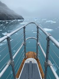 High  angle view of vessel on sea against sky.