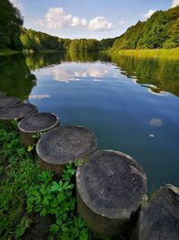 Scenic view of lake by trees against sky