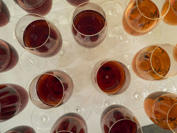 Directly above shot of wine glasses on table