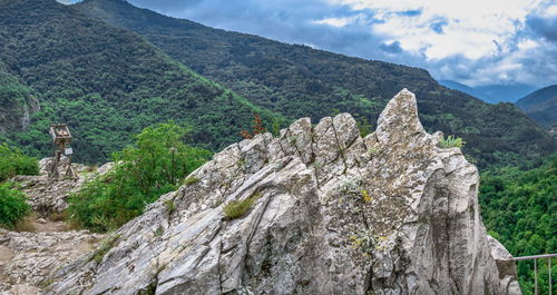 Bulgarian rhodope mountain view from the side of the asens fortress on a cloudy summer day