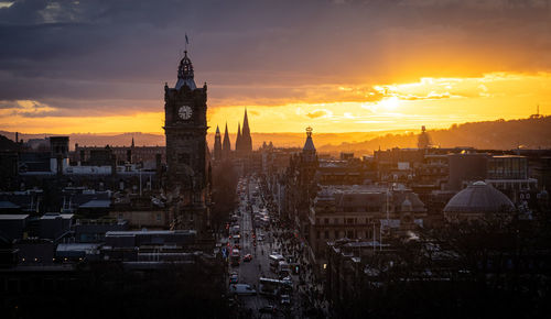 High angle view of buildings in city during sunset