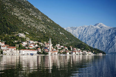 Scenic view of lake by buildings against sky