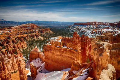 High angle view of rock formations against sky