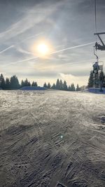 Scenic view of frozen landscape against sky during sunset