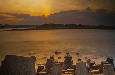 Tetrapods or breakwaters on the glagah beach, kulonprogo, indonesia during sunrise.