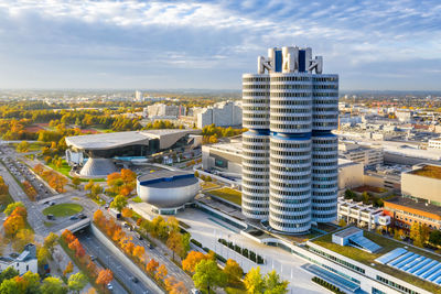 High angle view of buildings in city against sky
