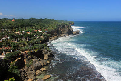 Scenic view of sea against clear blue sky