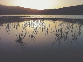Scenic view of lake against sky during sunset