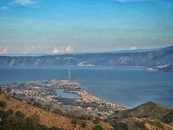 Scenic view of sea and mountains against sky